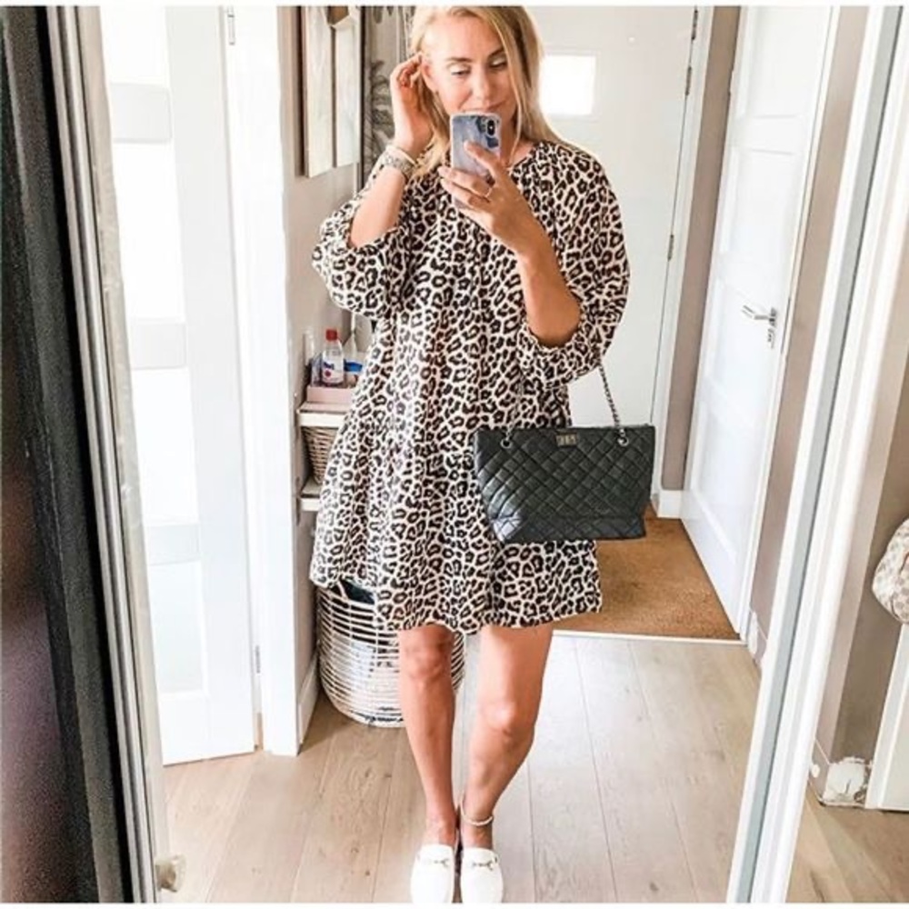 🥰BLOGGER FAVE H&M Balloon Sleeve Leopard Drop Waist Ruffle Mini Dress Animal